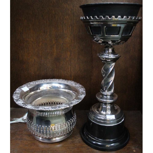 91 - A silver plated bottle coaster and a plated barley twist column oil lamp base (2)