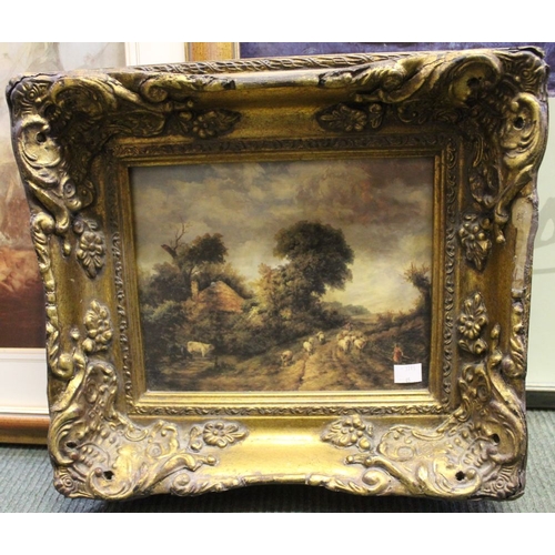 105 - A print of a late 18th Century rural scene set in an intricate wood and plaster frame 19cm x 231/2 c... 