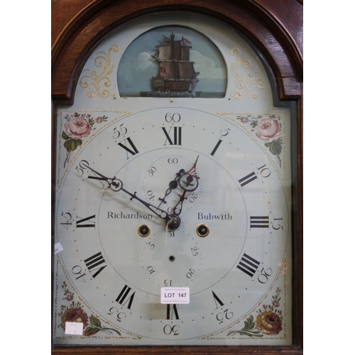 147 - A mahogany and oak long-case clock, the arch dial with ship automaton, Roman numerals. Having second... 