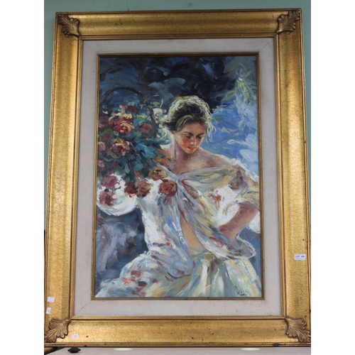 344 - A large oil on canvas of a lady with flowers indistinctly signed in gilt frame