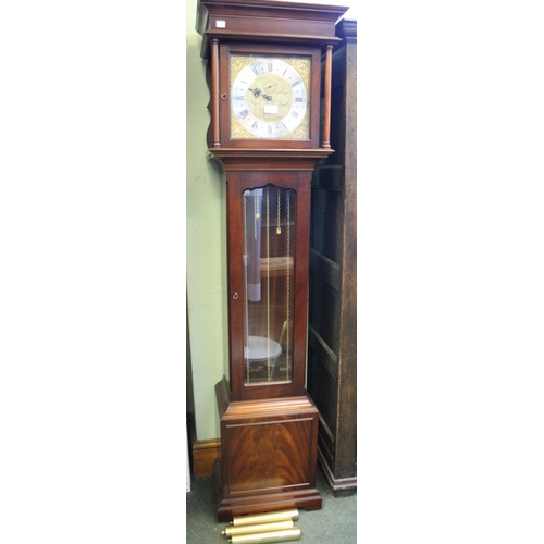 36 - Mahogany cased Grandmother clock, column mounted hood, face with silver chaptering, Roman numerals, ... 