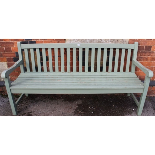 369 - A light green painted wooden slatted three seater garden bench