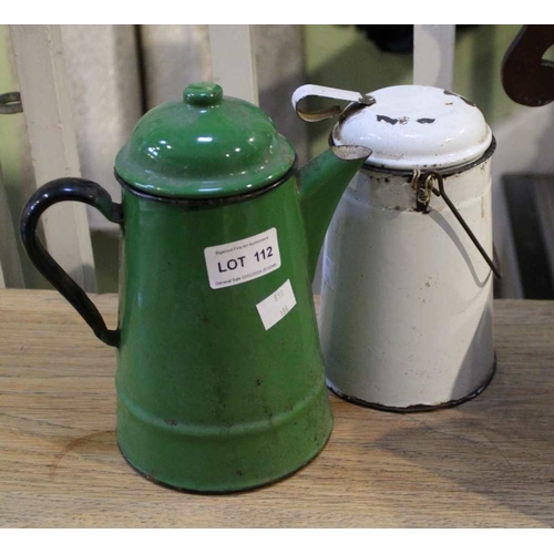 112 - A vintage green enamelled coffee pot with a white enamelled cannister