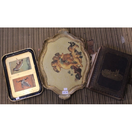 124 - A Victorian musical photograph album with two papier mache trays