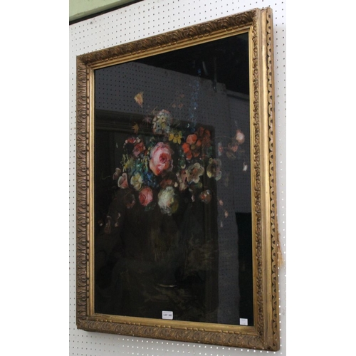 242 - 20th century European School, still-life, vase of Summer flowers, reverse painting on glass, noir gr... 