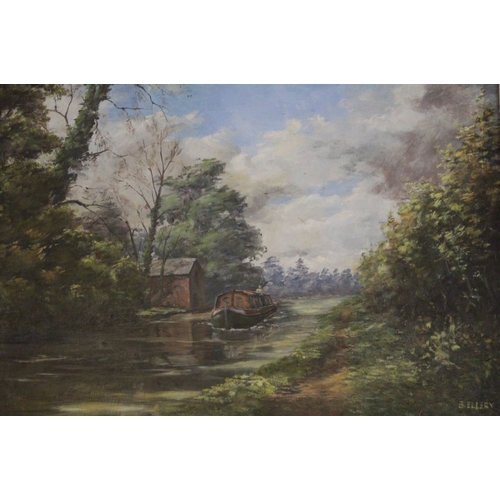 35 - Oil on board of a canal scene with a narrowboat signed B.Ellery in gilt frame