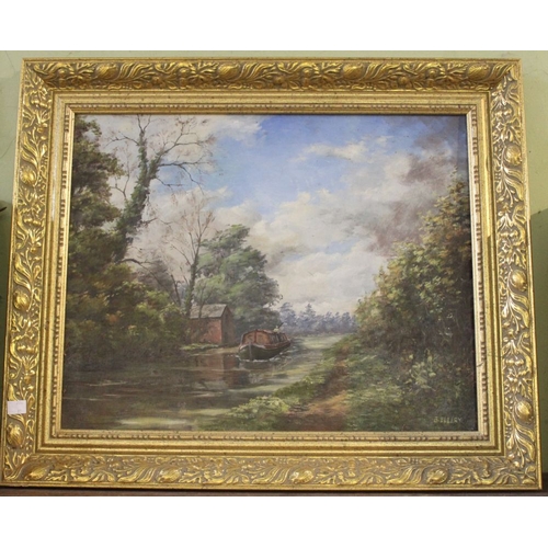 35 - Oil on board of a canal scene with a narrowboat signed B.Ellery in gilt frame