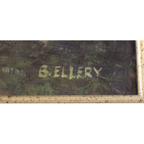 35 - Oil on board of a canal scene with a narrowboat signed B.Ellery in gilt frame