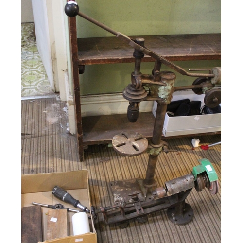 56 - A combination grinding wheel and lathe, a drill stand and other engineering items