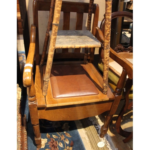 65 - An open arm commode chair, together with a vintage faux bamboo open armchair