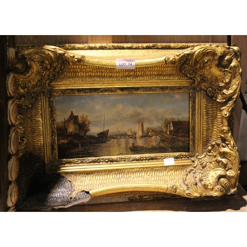 74 - Oil on board of a possible continental scene in gilt frame