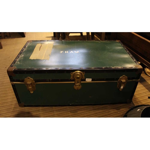 85 - A vintage green travel trunk