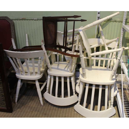 88 - A set of seven white painted farmhouse style kitchen chairs, together with a single chair