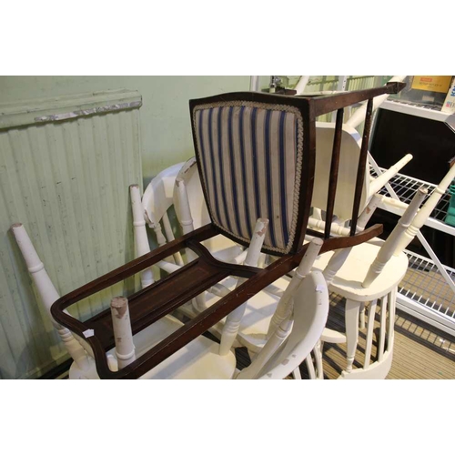 88 - A set of seven white painted farmhouse style kitchen chairs, together with a single chair