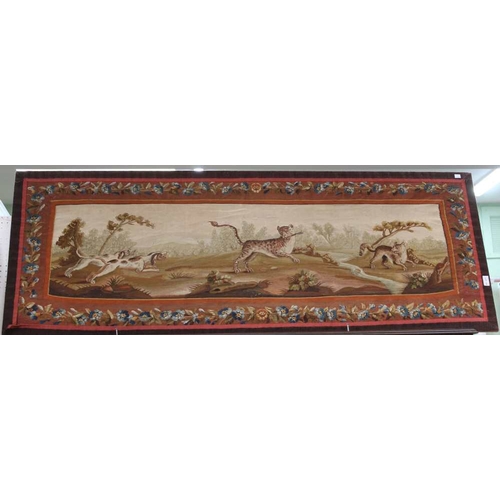 102 - A 17th Century French tapestry panel depicting a pair of hounds to the left chasing a central leopar... 