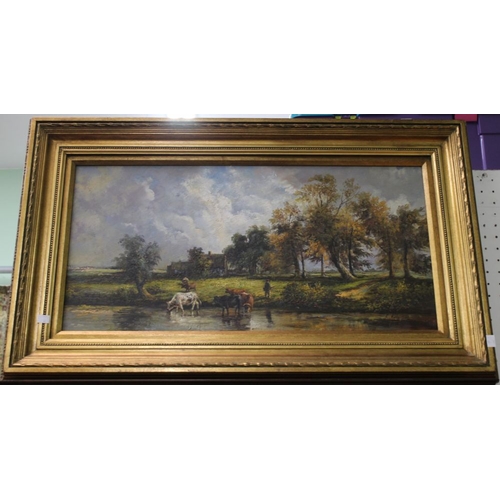 103 - An original oil of canvas of a river scene with cattle drinking signed F.Richardson in gilt frame