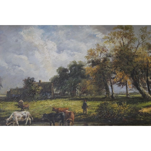 103 - An original oil of canvas of a river scene with cattle drinking signed F.Richardson in gilt frame