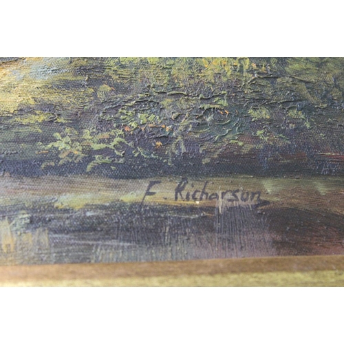 103 - An original oil of canvas of a river scene with cattle drinking signed F.Richardson in gilt frame