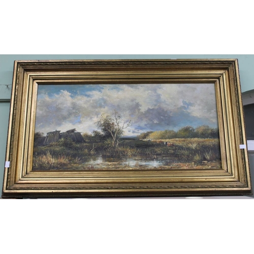 104 - An large original oil on canvas of a river scene with cattle signed F.Richardson in gilt frame