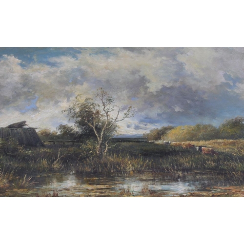 104 - An large original oil on canvas of a river scene with cattle signed F.Richardson in gilt frame