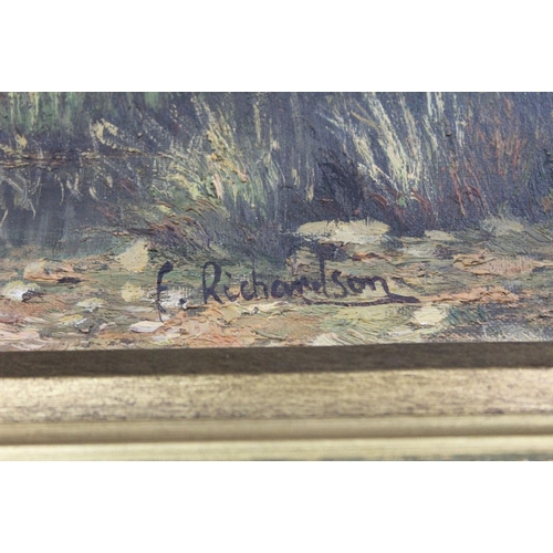 104 - An large original oil on canvas of a river scene with cattle signed F.Richardson in gilt frame