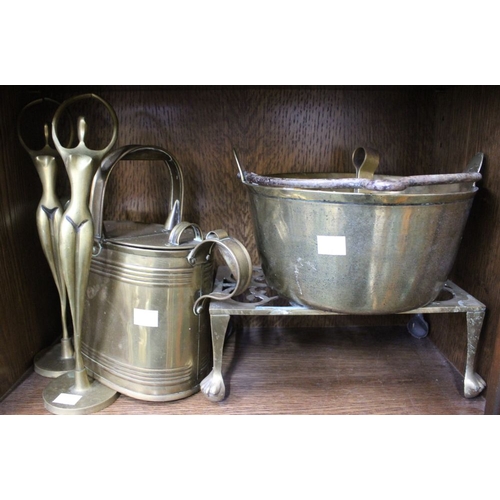 114 - A shelf of Brass Wares to include a Watering Can, Trivet, Jam Kettle, etc