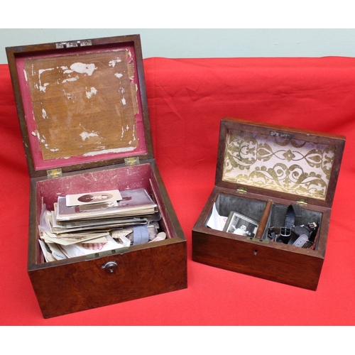 119 - A 19th century rosewood veneer caddy box and one other box, contents include watches and early studi... 