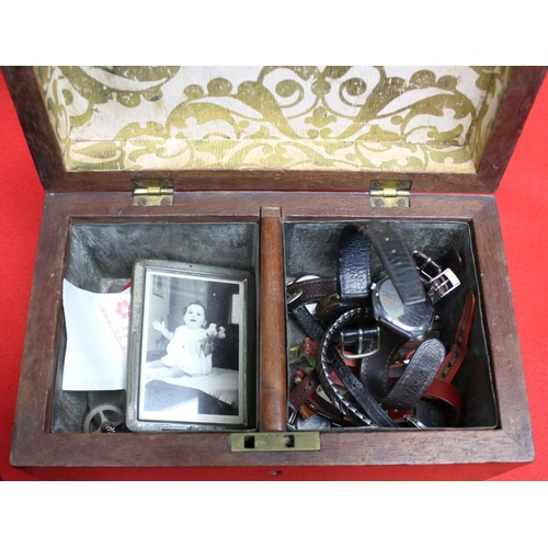 119 - A 19th century rosewood veneer caddy box and one other box, contents include watches and early studi... 