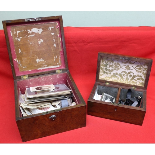 119 - A 19th century rosewood veneer caddy box and one other box, contents include watches and early studi... 