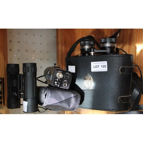 120 - Boots Admiral II cased binoculars with two other pairs and a Watec 232 video instrument