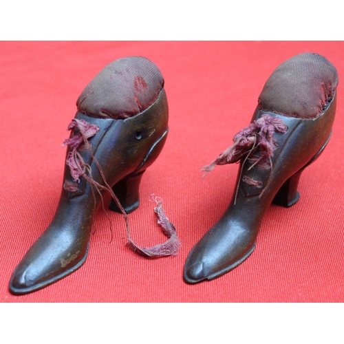 125 - Two Victorian treen pin cushions in the form of shoes