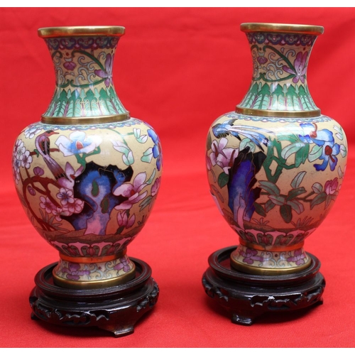 148 - A pair of Chinese Cloisonne vases, baluster form, floral decoration on a yellow ground, 17cm high, w... 