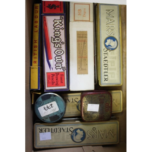 26 - A box containing various vintage pencils in original packaging, old tins etc