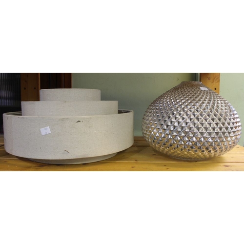 28 - A silver glass hobnail ceiling shade with a fabric circular ceiling shade