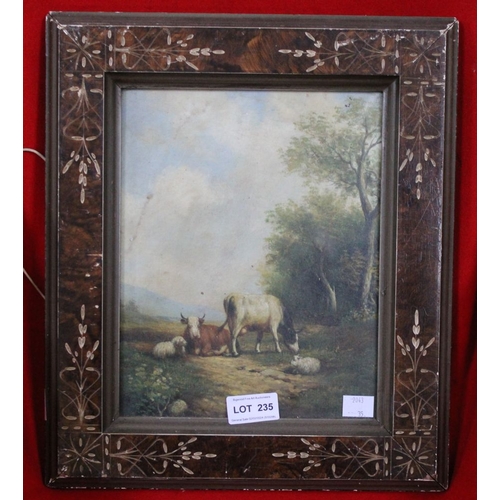 292 - In the manner of Sidney-Cooper, landscape with cattle and sheep, oil effect print, 24cm x 19cm, fram... 