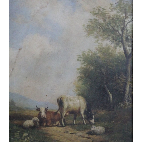 292 - In the manner of Sidney-Cooper, landscape with cattle and sheep, oil effect print, 24cm x 19cm, fram... 