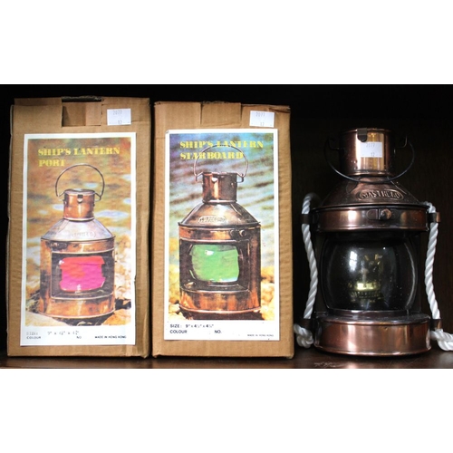 350 - Three modern repro ships kerosene lamps, two in original boxes