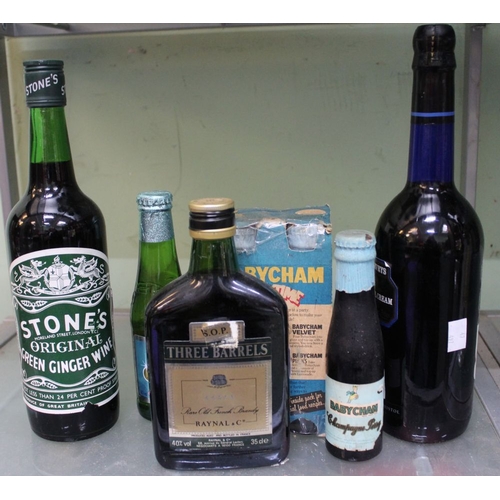 62 - Harvey's Bristol Cream, 1 bottle 

Three Barrels VSOP Brandy, 1 bottle 

Stone's Original Green Ging... 