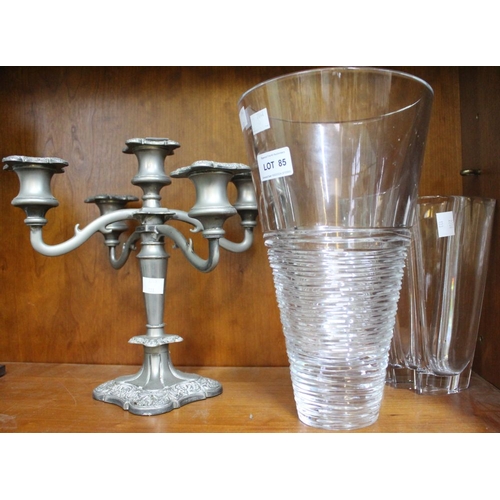 85 - Jasper Conran - Stuart crystal conical vase together with another vase & a five sconce candelabra