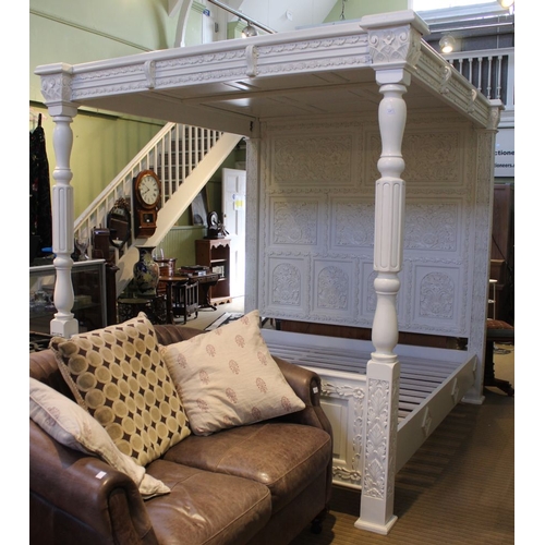 1 - A modern white finished four poster bed, heavily decorated with slats to base, 6' wide x 6.5' long, ... 