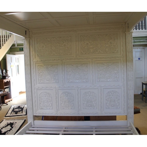 1 - A modern white finished four poster bed, heavily decorated with slats to base, 6' wide x 6.5' long, ... 