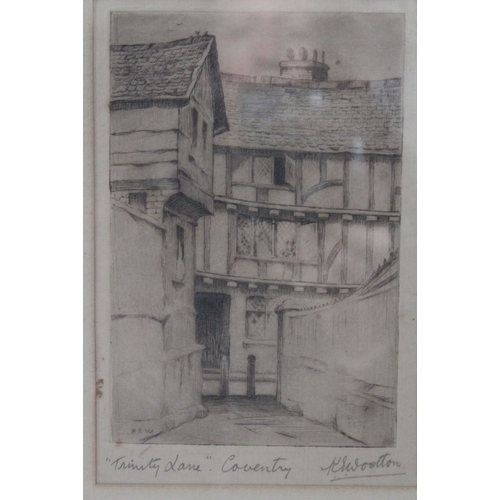 228 - K Wootton, Trinity Lane, Coventry, framed etching, together with a 19th century engraving of Kenilwo... 