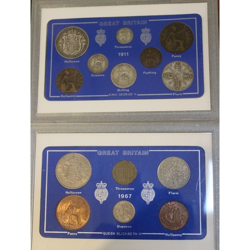 302 - A collection run of UK coin sets, 1911-1967 inclusive, circulated coins, gathered into clip cases wi... 