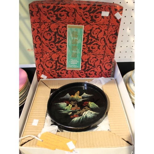 36 - Chinese Fujian lacquerware set of 5 hand painted round trays