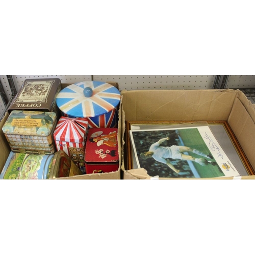 127 - A box containing vintage boxes, an ornate cutlery set,  signed photo of 