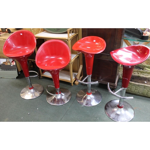 164 - Four red plastic bar stools with chrome stand and adjustable base, one a/f