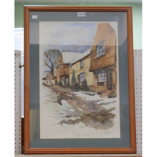 190 - An original watercolour signed Hiscott of a probable Cotswold street scene