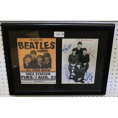 200 - Framed possibly re-print of the Beatles, dedicated to Gill with best wishes and a showtime leaflet