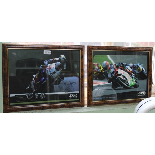 210 - Two framed, signed coloured photos of motor cycle road racing TT winners, John Mc Guinness & Michael... 