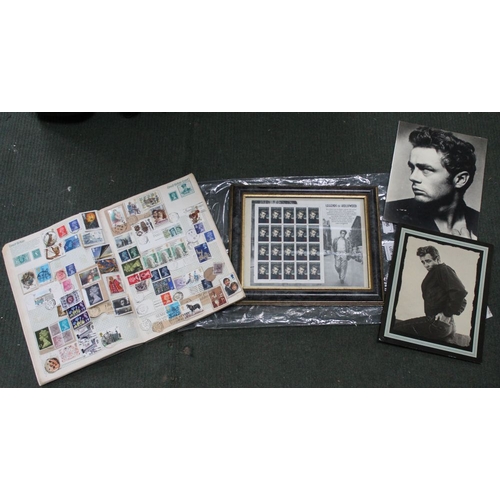 216 - Framed set of 20, 32 cent postage stamps of James Dean and 2 photos of him and a Stanley Gibbons Sta... 